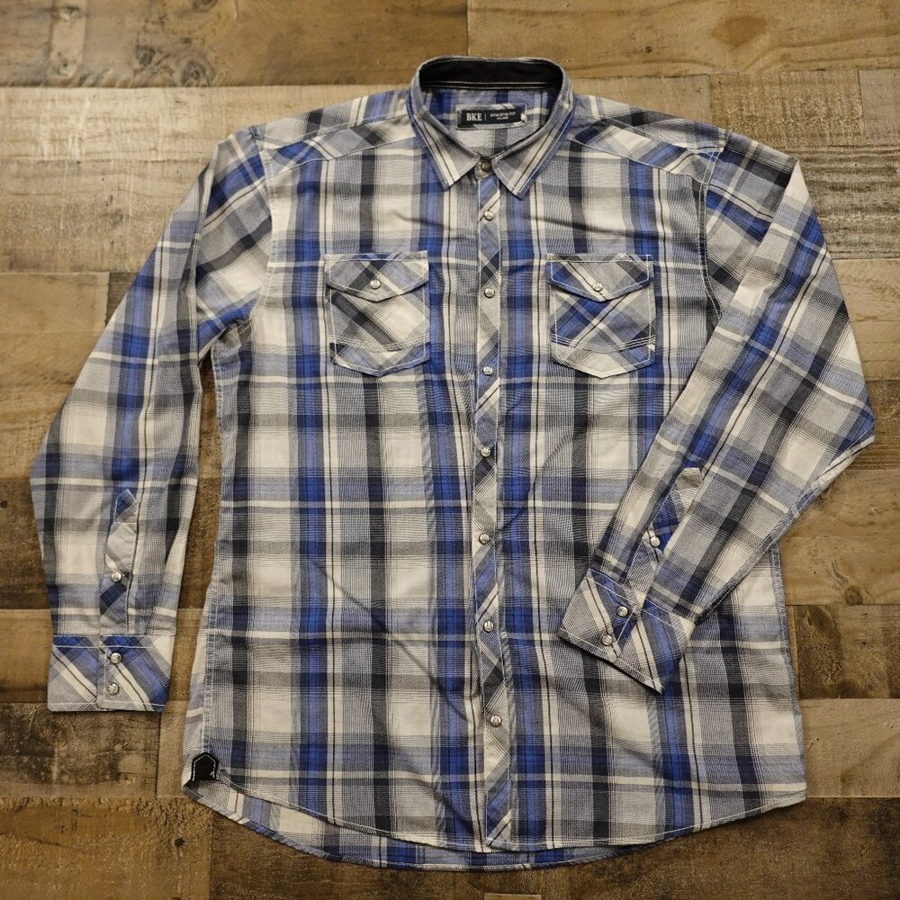 BKE‎ athletic fit plaid shirt men's double extra large pearl snap buttons blue